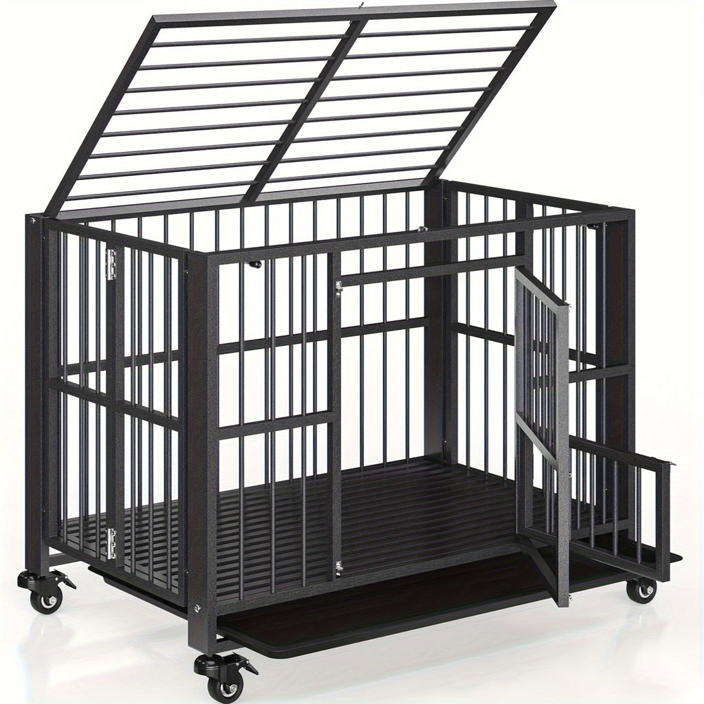 Polar Aurora Heavy Duty Dog Crate, Foldable Indestructible Dog Kennel, Escape Proof Extra Large Dog Cage With Lockable Wheels, High Anxiety Pet Playpen With Double Door For Indoor/Outdoor Use.