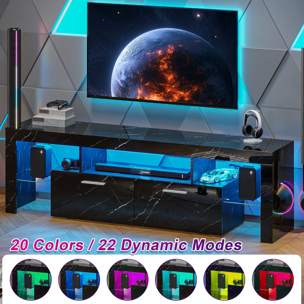 66 Inch White Black Marble TV Stand For 75 Inch TV, LED Gaming Entertainment Center, Glossy TV Console Table With Storage Drawers And Glass Shelves Xbox PS5 Game Console Cabinet For Living Room