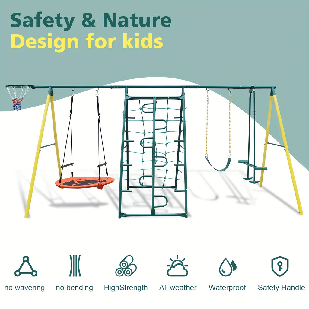Swing Sets For Backyard With Saucer Swing, Belt Swing, Glider, Climbing Rope, Climbing Ladder, Basketball Rim, 6 In 1 Swing Set