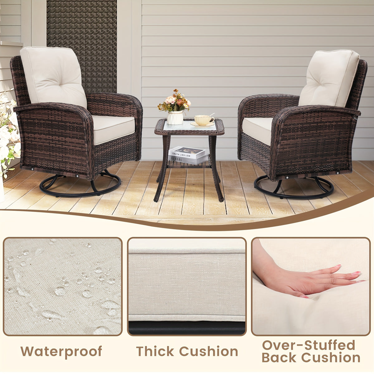 3pcs Patio Furniture Set, Outdoor Swivel Rocking Chairs with Glass Top Table and Thick Cushions for Porch, Deck, Balcony, Poolside, Patio Table And Chairs Set, Outdoor Dining Table And Chairs, Patio Chairs, Outdoor Furniture, Patio Set, Porch Seating, Dec