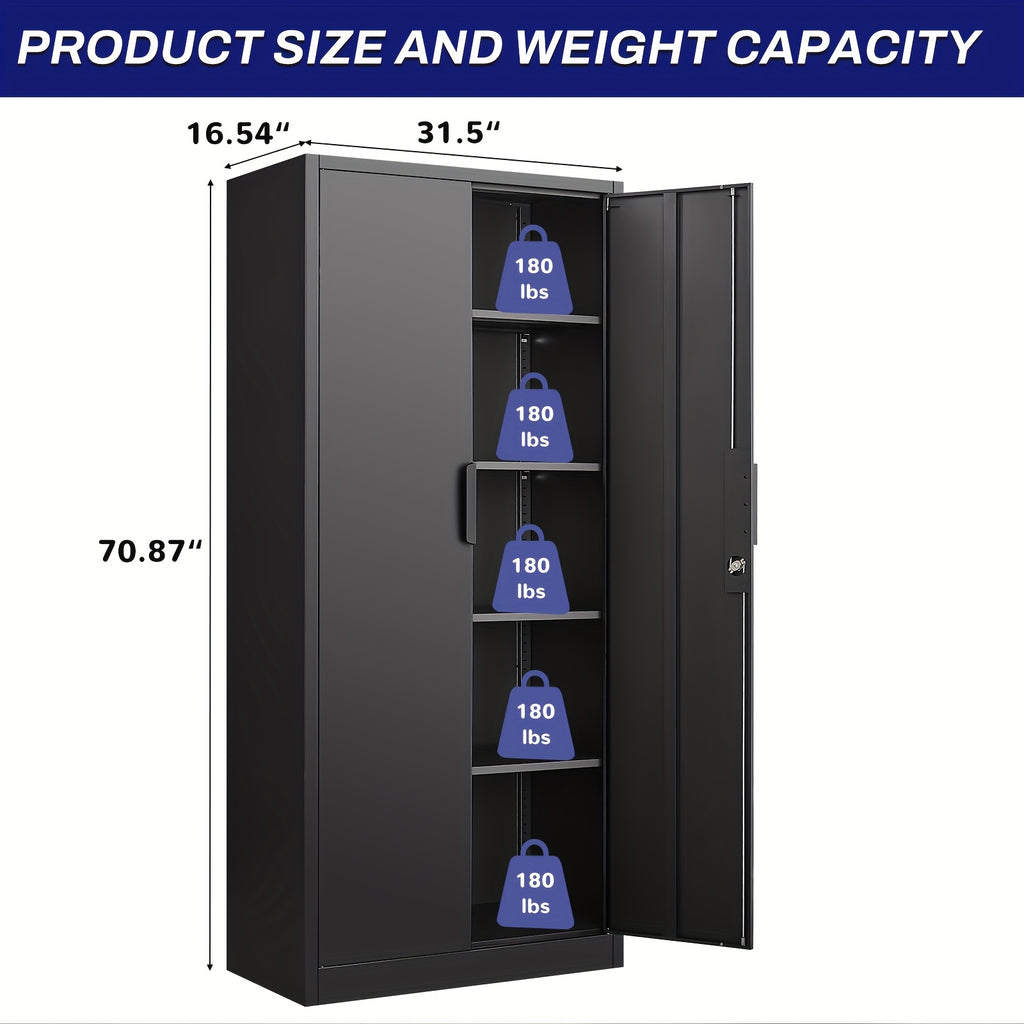 [Metal Storage Cabinet] 71"/72" Office Storage Lockers Metal Garage Storage Cabinet, Steel Locking Storage Cabinet With 2 Doors And 4 Adjustable Shelves For Home Office, Heavy Duty Metal Storage Cabinet For Warehouse, Kitchen, Garage, Black/White