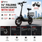 DYU 350W 14" Folding Electric Scooter with Seat - 20-Mile Range, 36V 7.8Ah Battery, Rear Basket & Double Disc Brakes, Compact Portable E-Scooter for Adults, Urban Commuting & Long-Distance Travel, Scooter Electric Fast