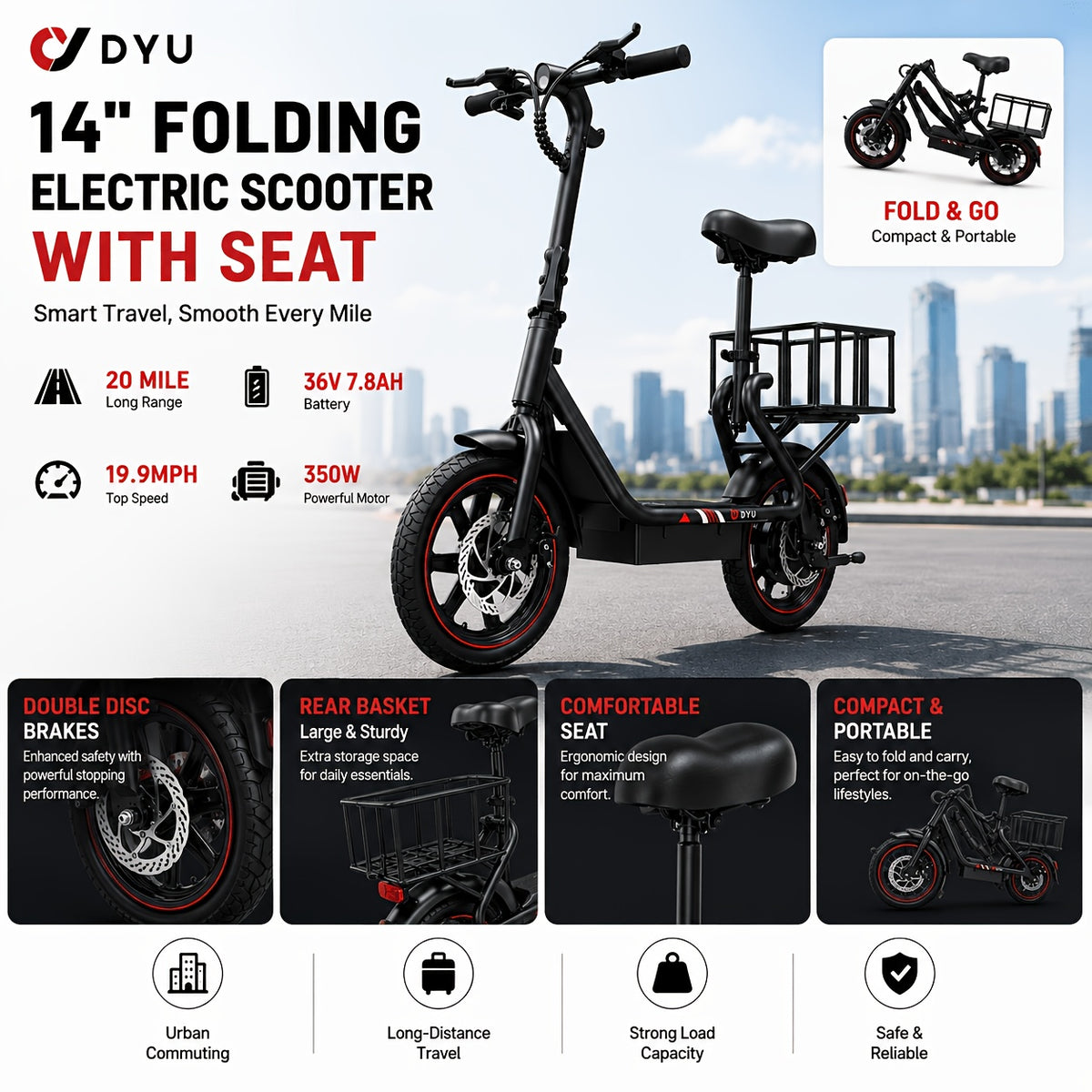 DYU 350W 14" Folding Electric Scooter with Seat - 20-Mile Range, 36V 7.8Ah Battery, Rear Basket & Double Disc Brakes, Compact Portable E-Scooter for Adults, Urban Commuting & Long-Distance Travel, Scooter Electric Fast