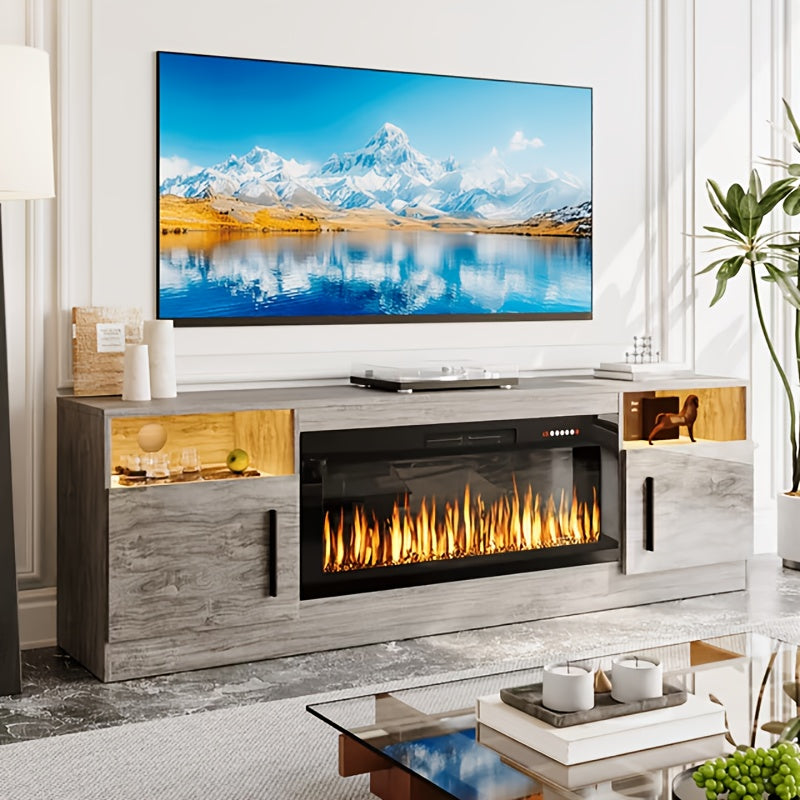 80" TV Stand Fireplace with 36" inch Electric Fireplace Up to 90" TVs, LED Light Entertainment Center, 80" Modern Wood High Gloss with Highlight Storage Cabinet for Living Room