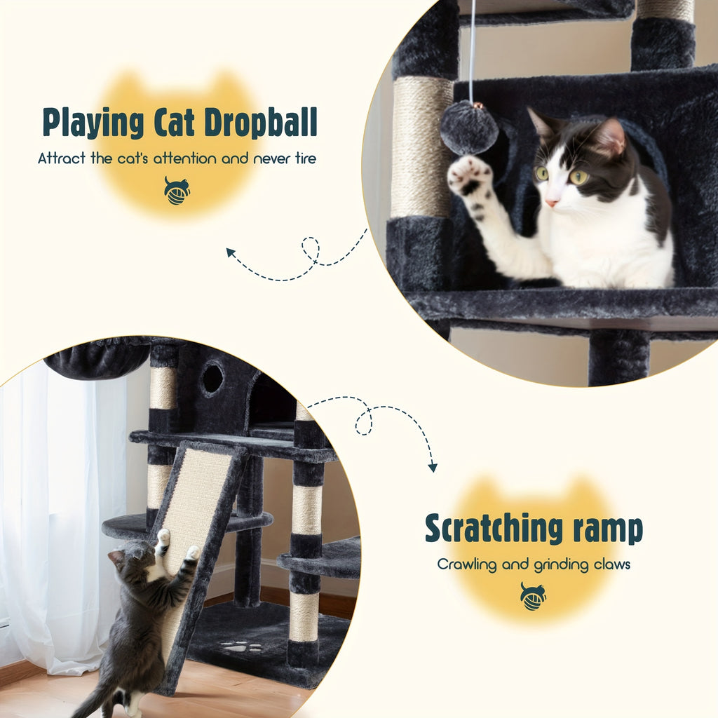 HOOMIC 68-Inch Multi-Level Cat Tree Tower for Large Cats/Cat Condo/Cozy Plush Cat Perches/Sisal Scratching Posts/Baskets/Wide Base Board/Cat Activity Center/Dark Grey/Grey/Beige/Pink/Leopard Print