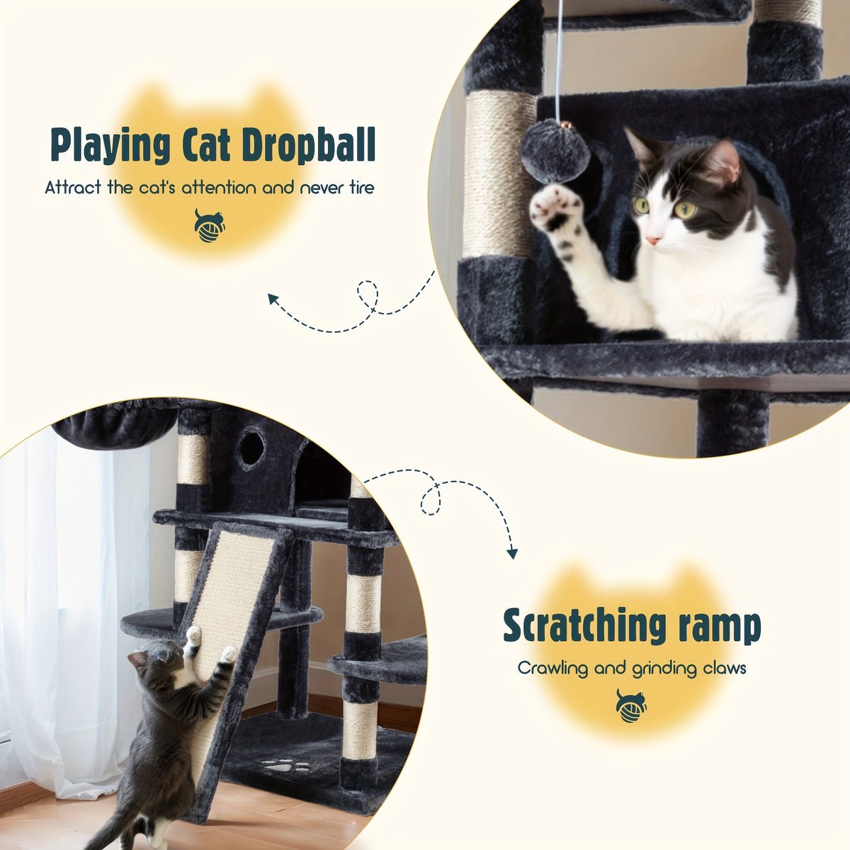 HOOMIC 68-Inch Multi-Level Cat Tree Tower for Large Cats/Cat Condo/Cozy Plush Cat Perches/Sisal Scratching Posts/Baskets/Wide Base Board/Cat Activity Center/Dark Grey/Grey/Beige/Pink/Leopard Print
