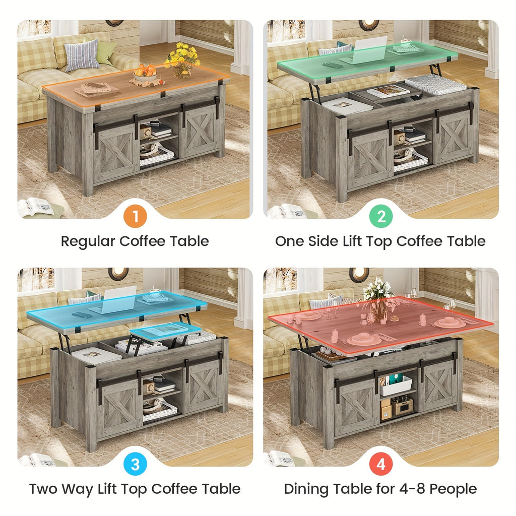 Farmhouse Lift Top Coffee Table with Hidden Compartments And Open Shelves, Center Table with Sliding Barn Door for Living Room Home Office, Light Oak Gray