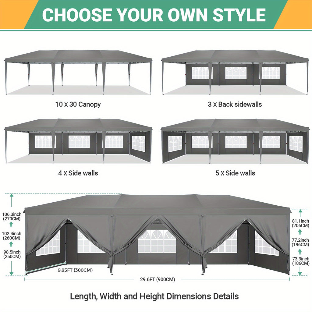 10x30ft/10x20ft Pop-up Canopy Tent, Canopy with 8 Removable Sidewalls, with Sandbags And Carry Bag, Three Adjustable Heights, Perfect for Patios, Lawns And Gardens, Event Parties, Market Stalls