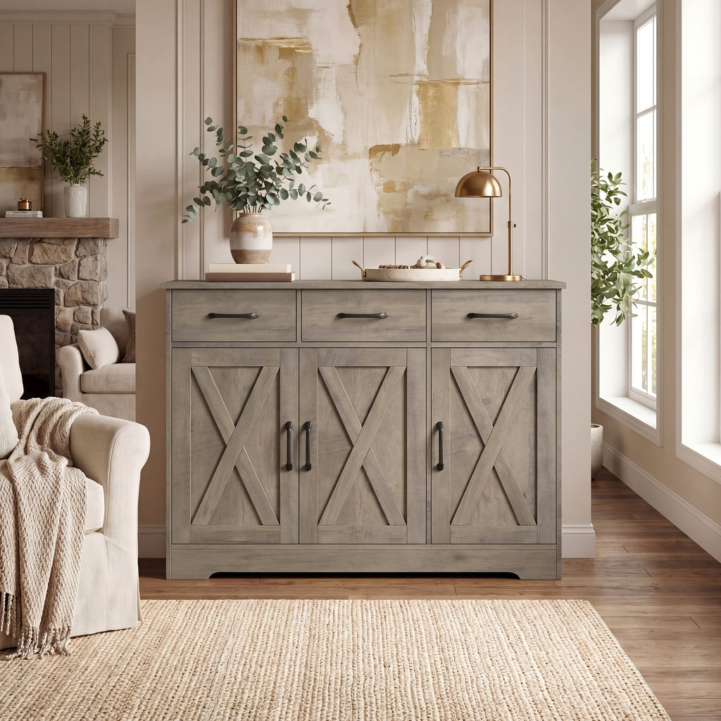FULTRU Modern Farmhouse Cabinet with Barn Door & Sliding Panel Doors Suitable for Kitchen, Dining Room Storage, Freestanding Buffet Furniture with Drawers and Open Shelves, Assembly Required, Multifunctional Sideboard