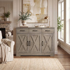 FULTRU Modern Farmhouse Cabinet with Barn Door & Sliding Panel Doors Suitable for Kitchen, Dining Room Storage, Freestanding Buffet Furniture with Drawers and Open Shelves, Assembly Required, Multifunctional Sideboard