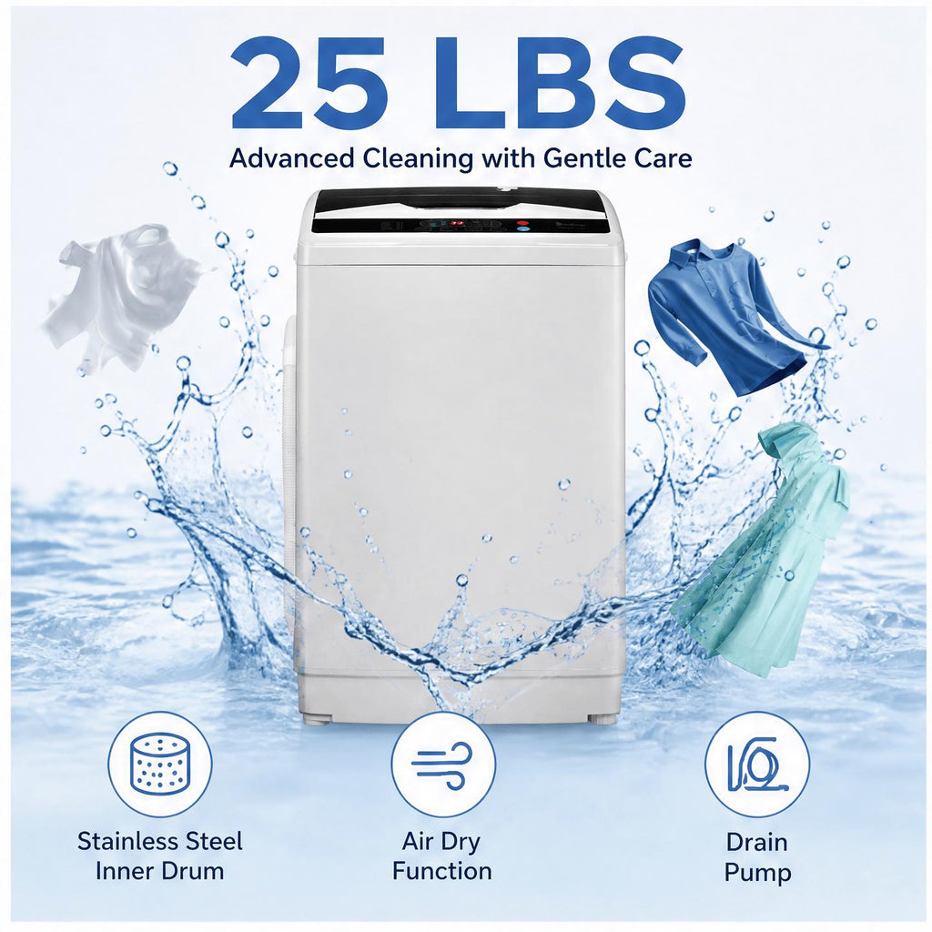 Full Automatic 2 in 1 Top Load Portable Washing Machine and Dryer Combo with Drain Pump 15.6/17.6/17.8/25Lbs Capacity 10 Wash Programs 8 Water Levels Compact Washer Dryer for Apartment RV Camping Small Living Space Travel Outdoor Home Use
