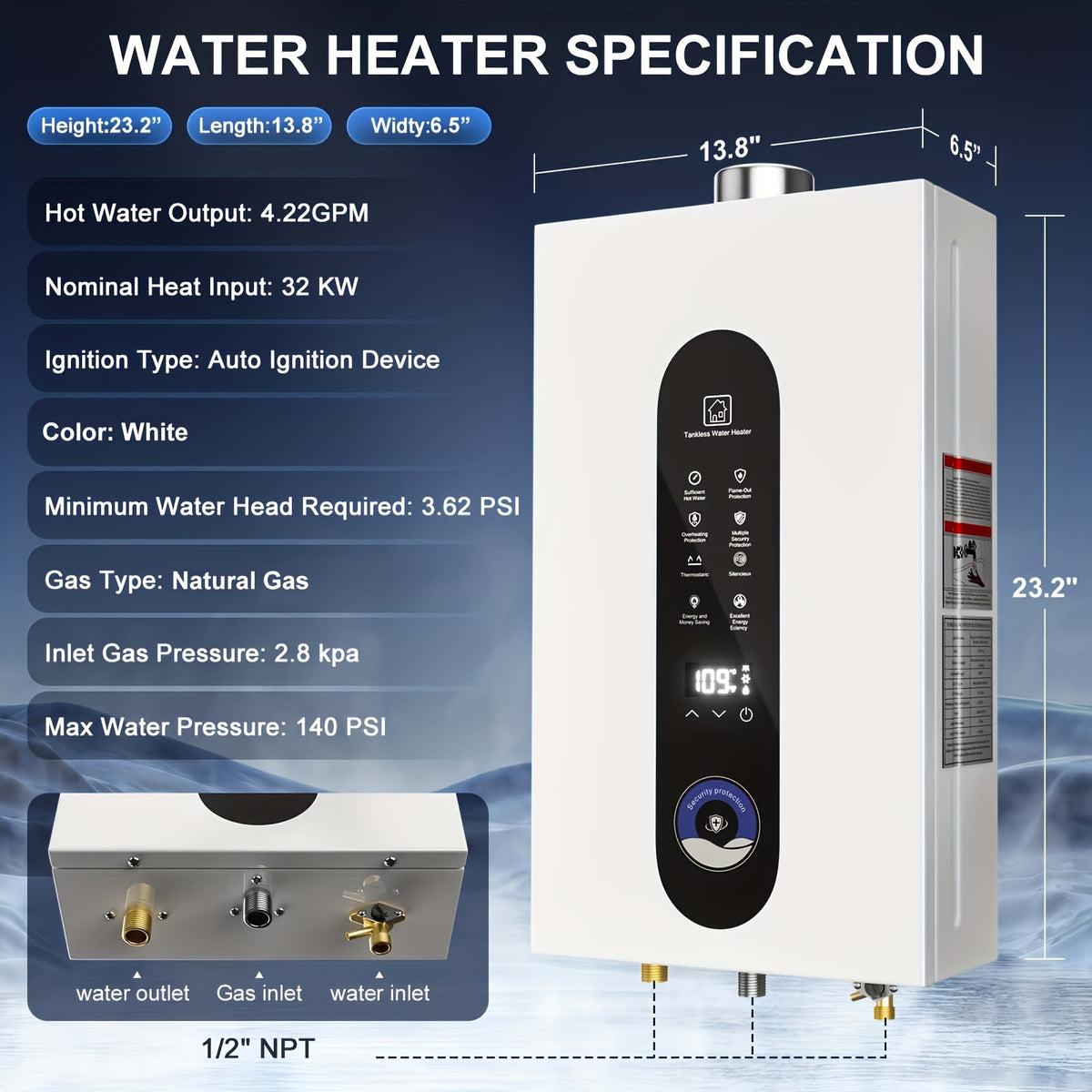 [Instant Hot Water Heater] Natural/Propane Gas Tankless Water Heater, 14L/16L/18L Instant Hot Water Heater With Fahrenheit Digital Display, Indoor Installation