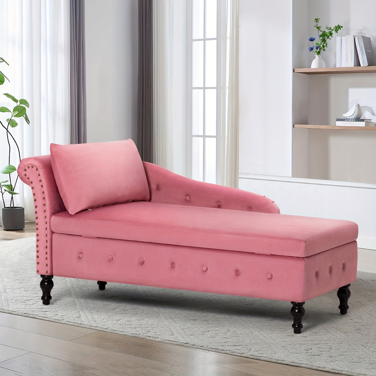 ACMEASE Classic Nailhead Trim Velvet Storage Chaise Lounge 57", Upholstered Chaise Sofa With Pillow & Turned Wood Legs For Living Room Decor