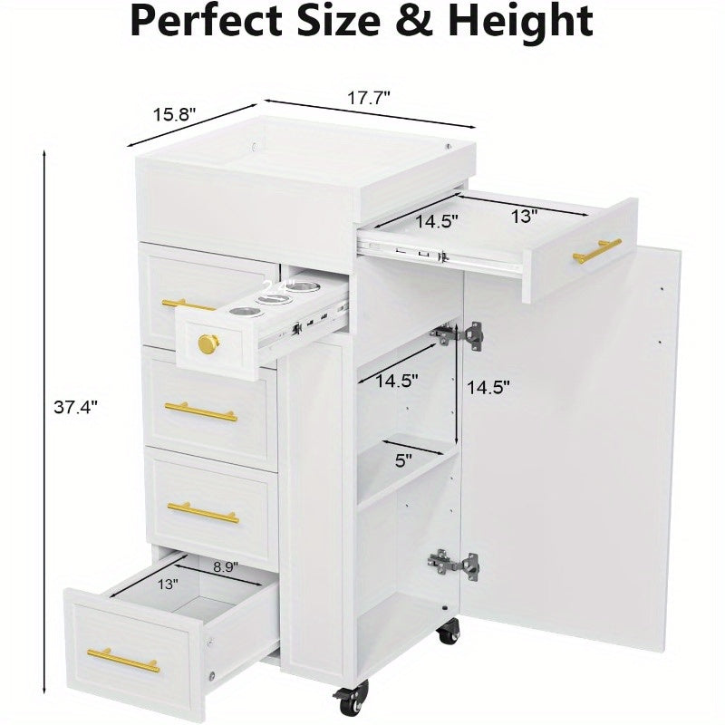 Heavy-Duty Salon Trolley Cart with 5 Drawers, 3 Tool Holders & Adjustable Shelf - Mobile Beauty Station with Locking Wheels, Large Top Surface - Sturdy Wooden Construction for Barber Shop, Salon, Spa, Home - Space-Saving Organizer Cabinet (White/Black) -