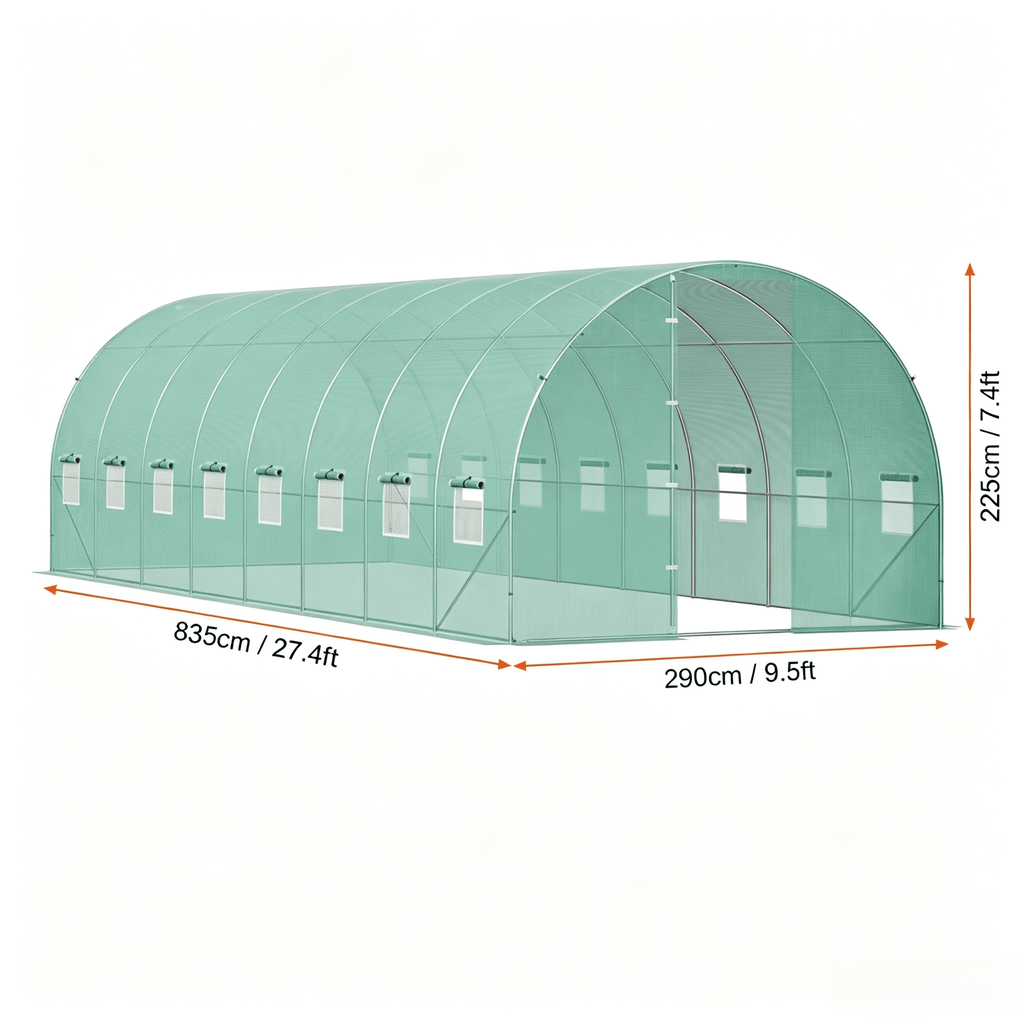 VEVOR Walk-in Tunnel Greenhouse 19.36x9.68x7.4/27.38x9.5x7.38ft Galvanized Frame PE Cover Green (No Door)