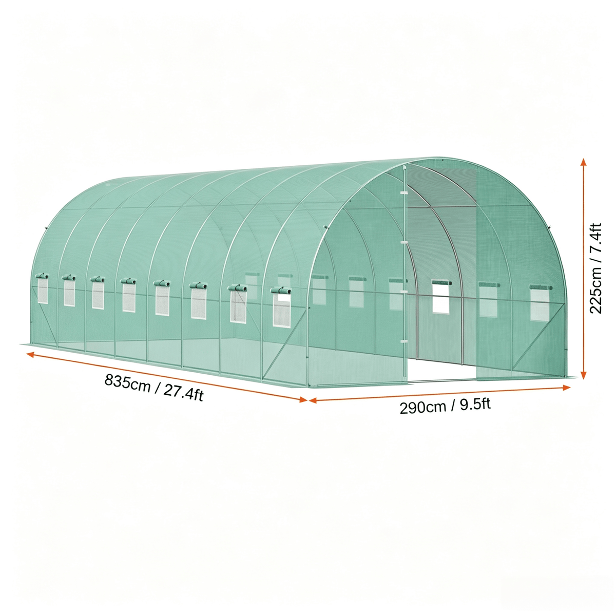 VEVOR Walk-in Tunnel Greenhouse 19.36x9.68x7.4/27.38x9.5x7.38ft Galvanized Frame PE Cover Green (No Door)