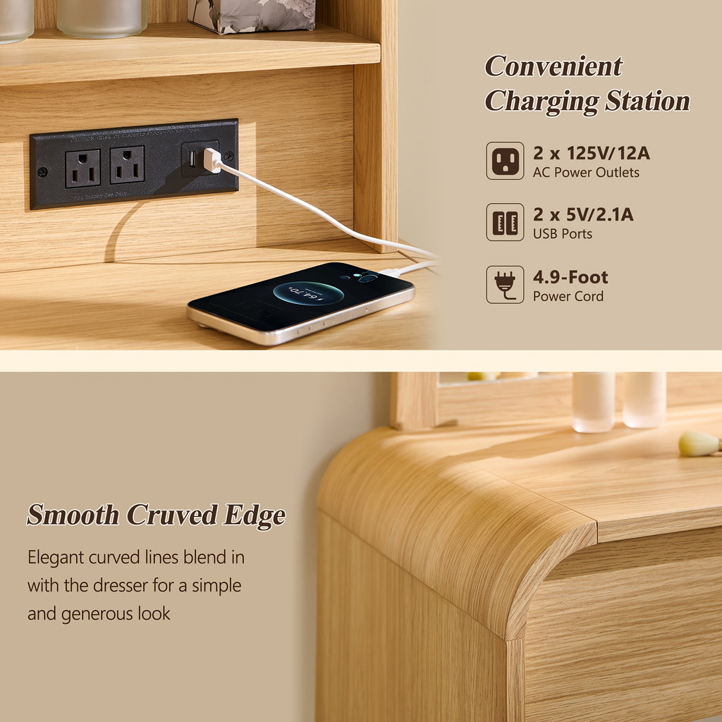 Makeup Vanity Desk with 5 Drawers, Vanity Table with Touch Screen LED Mirror & Charging Station for Bedroom, Adjustable Shelf, Curved Profile Design
