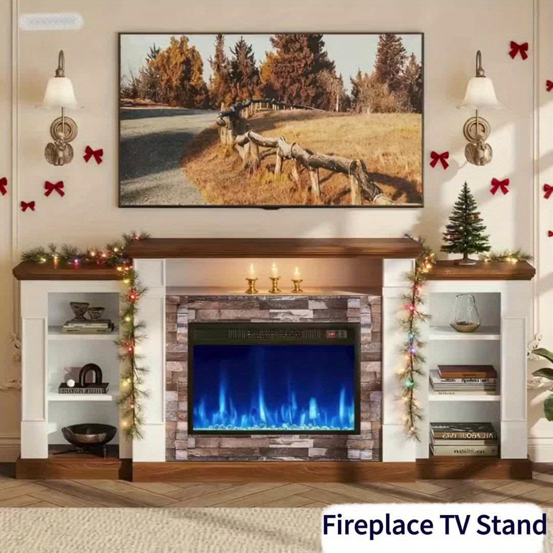 A 70-Inch Television Stand Featuring an Electric Fireplace And Mantel, This Modern Entertainment Unit Provides Open Storage, Remote Control, Adjustable Flames, And LED Lighting, Making It Perfect for Living Rooms And Bedrooms