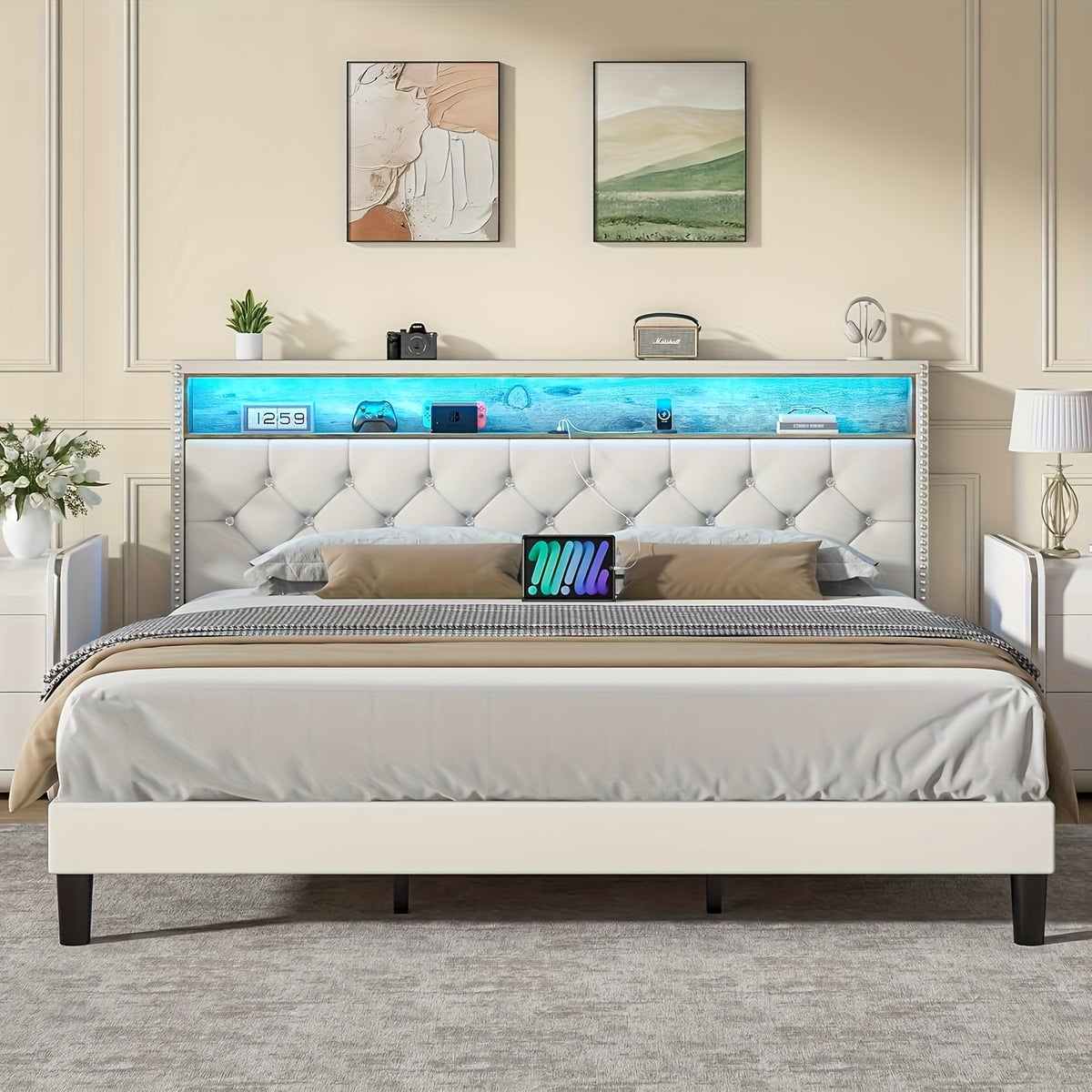 Bed Frame with LED Lights, Velvet Upholstered Platform Bed with Storage Headboard, Charging Station And Diamond Tufted Design - No Box Spring Required - Easy Assembly - Black