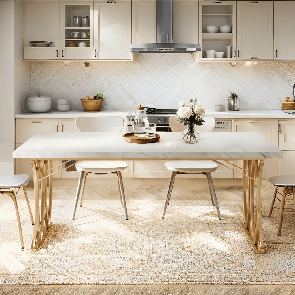 Modern Dining Table for 4-6 People, 63" Large Kitchen Table, Unique Rectangular Dinner Table, Dining Room Furniture with Faux Marble Tabletop And Geometric Legs