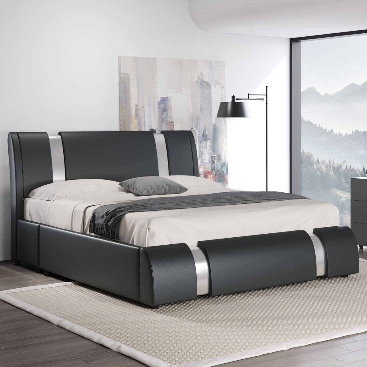 HOOMIC Contemporary Imitation Leather Bed Structure Featuring Metal Accents, Low-Set Platform Bed with Adjustable Headboard, Sturdy Wooden Slat Support, No Box Spring Required