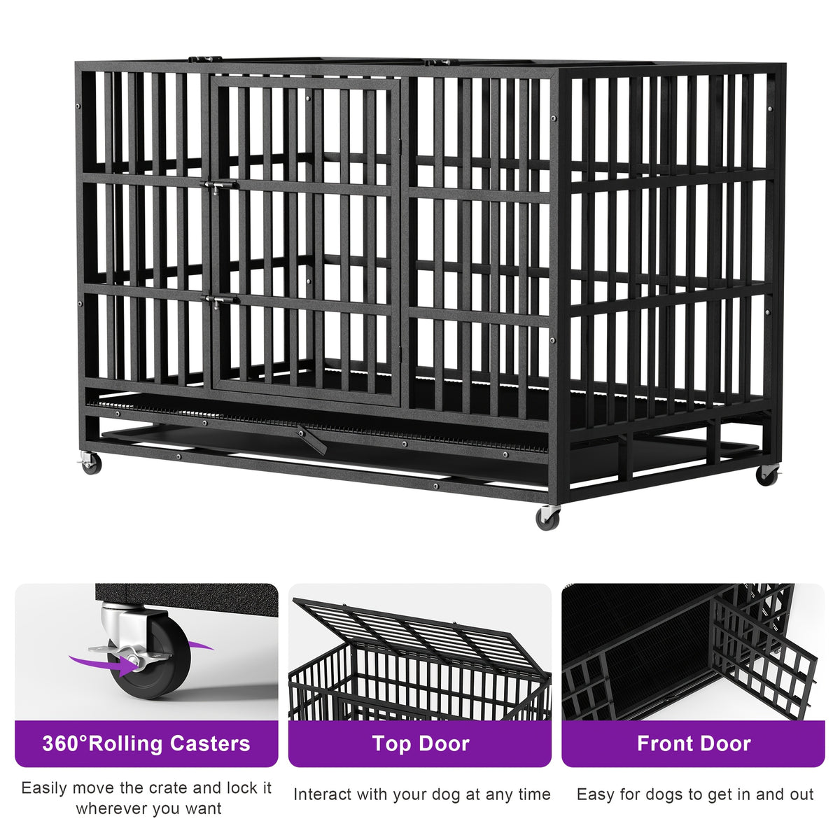 48inch Extra Large XXL Heavy-Duty Dog Crate - Double Door, Escape-Proof, Wheels, Removable Tray - Easy Cleaning Design For Large Breeds