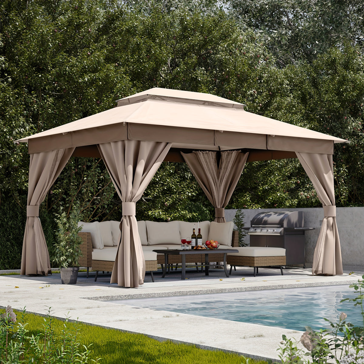 Outdoor Gazebo 10x13 ft by KAMEROUT with Double Roof and Mesh Privacy Screens for Backyard Gatherings