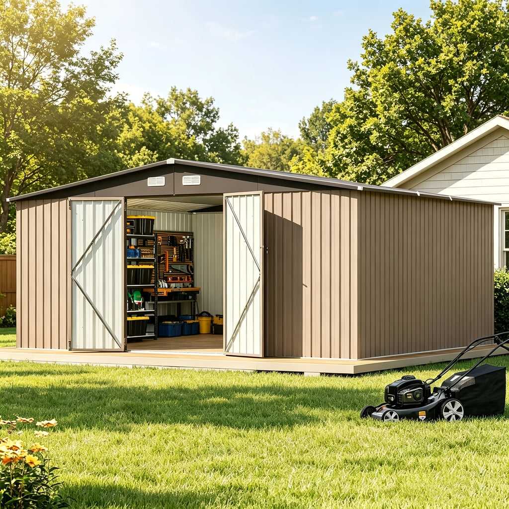 GUNJI Heavy-Duty 10X14 FT & 5X3 FT Metal Garden Shed With Double Hinged Large DoorSecure Tool Sheds & Backyard Organization For Outdoor Storage Solutions, Patio Storage, Garbage Can, Chicken Coop
