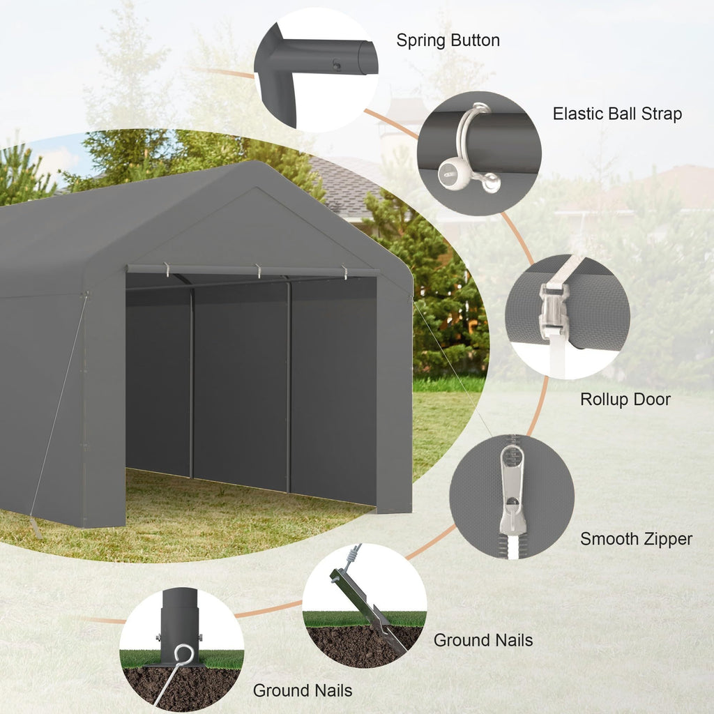 Carport 10X20 Ft Canopy Steel Canopy Storage Shed, Portable Garage Party Tent, Portable Garage with Removable Sidewalls And Doors All-Season Tarp for Carport, Parties, Weddings