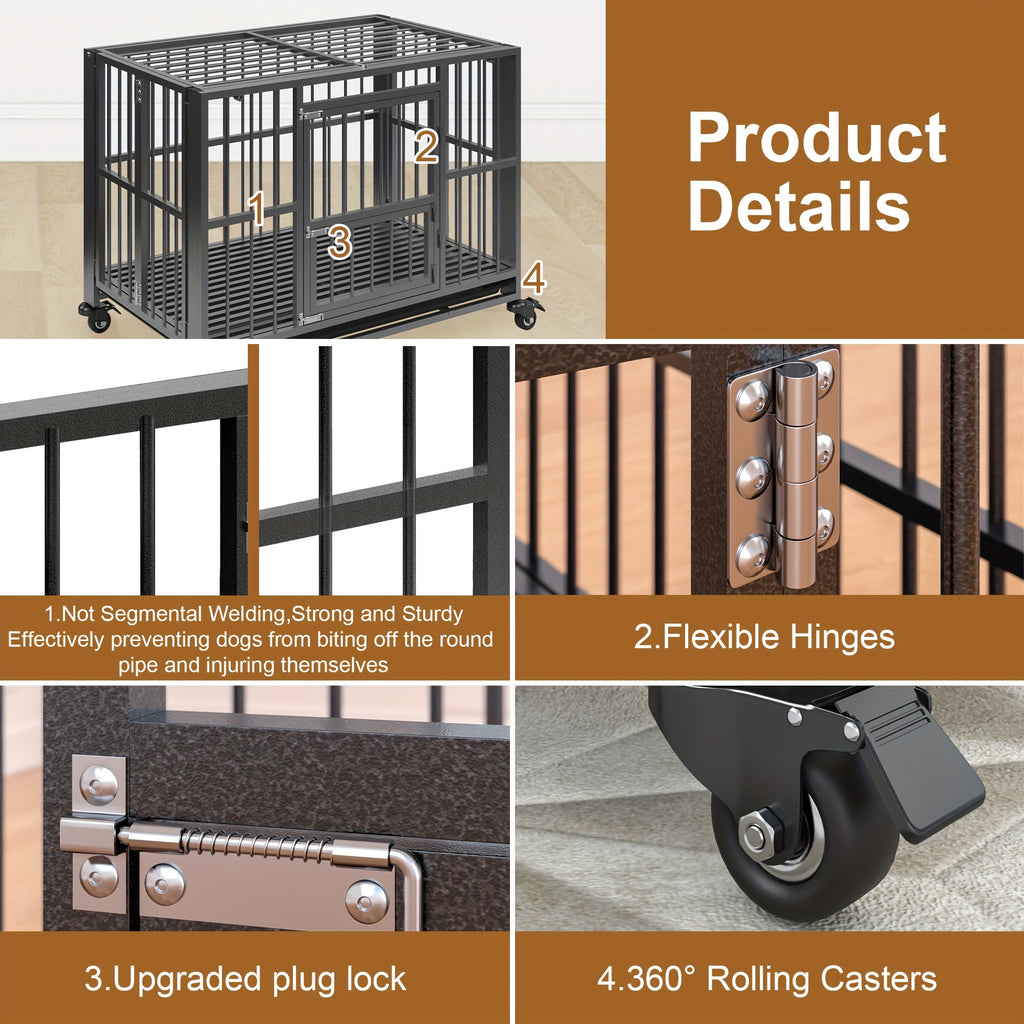 43/38 Inch Heavy Duty Dog Crate, Folding Dog Kennel No Assembly, Escape Proof Large Dog Cage Kennel With Lockable Wheels, High Anxiety Pet Playpen With Double Door Indoor/outdoor.