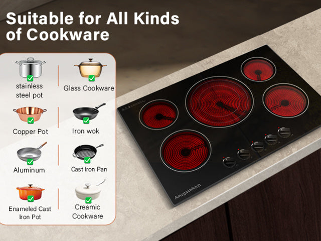 5 Burner Countertop Electric Cooktop, 30 Inch Built-in Ceramic Stove Top, 30" Radiant Electric Stove Top With Knob Control, Hot Surface Indicator, 9000W, 220V-240V Hard Wire(No Plug)
