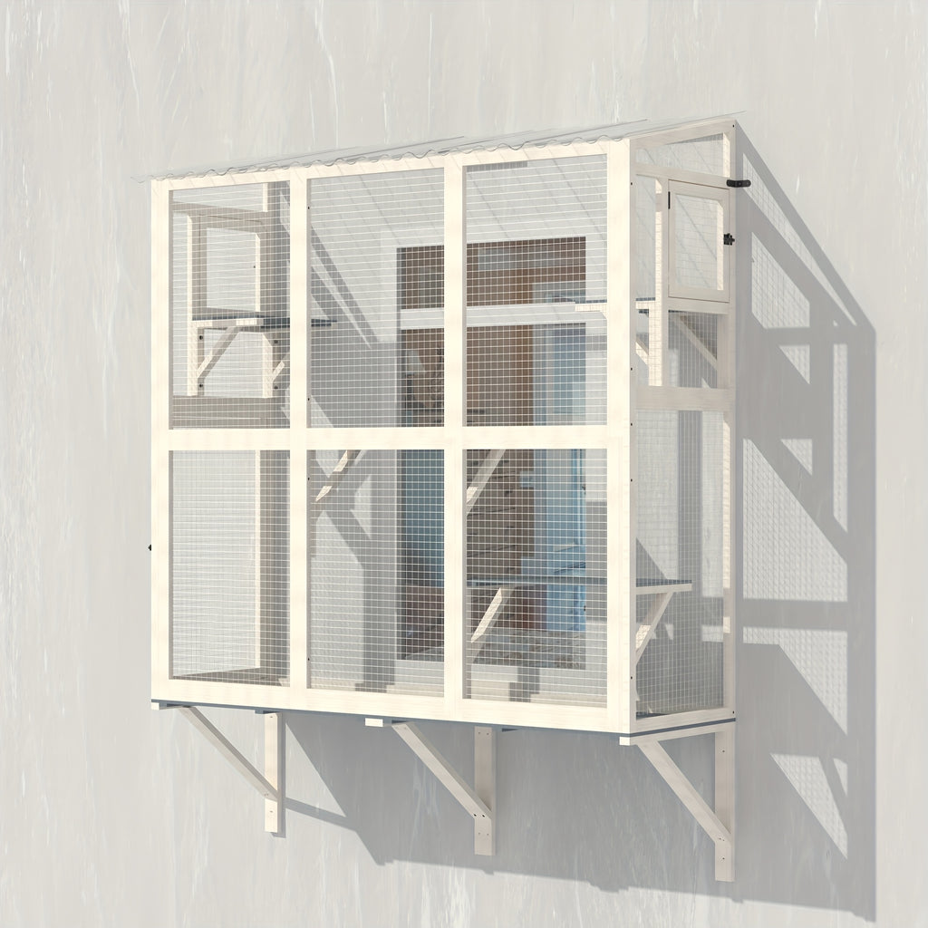 Cat Window Box, Wooden Window Catio for Indoor Cats, Expandable Outdoor Enclosure with 4 Platforms And 3 Doors, Secure Wall-Mounted Perch for Sunbathing, Play And Tunnel Connection, All-Weather Use