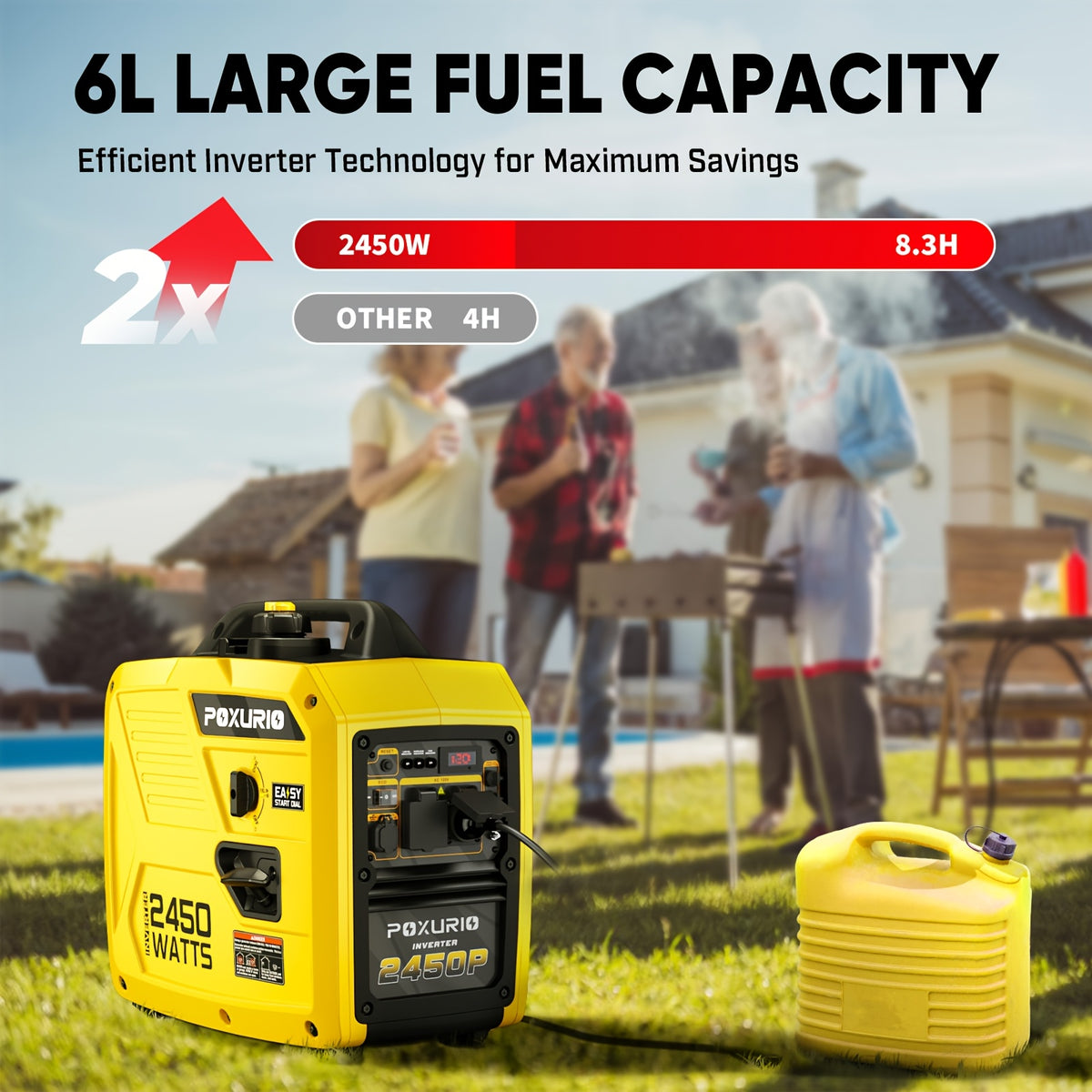 2450W Portable Inverter Generator for Home Use, Super Quiet Outdoor Generator for Camping Outdoor Emergency Power Backup, 1.6Gallon Large Fuel Tank Up to 8.3 Hours Use, EPA Compliant