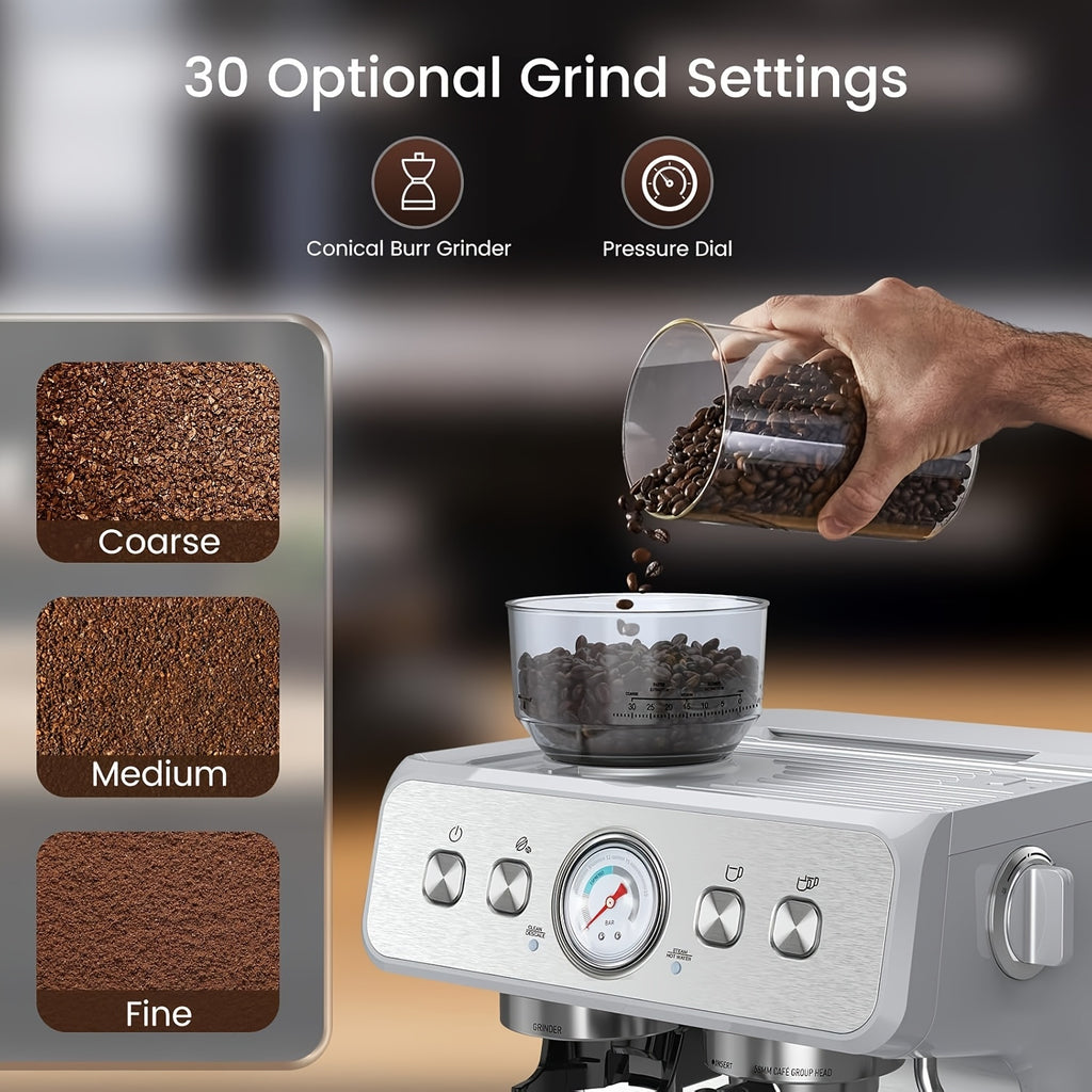 20 Bar Espresso Machine with Built-In Grinder, Professional Cappuccino And Latte Machines with Milk Frother, 3-In-1 Stainless Steel Espresso Coffee Maker for Home, Office, Or Cafe