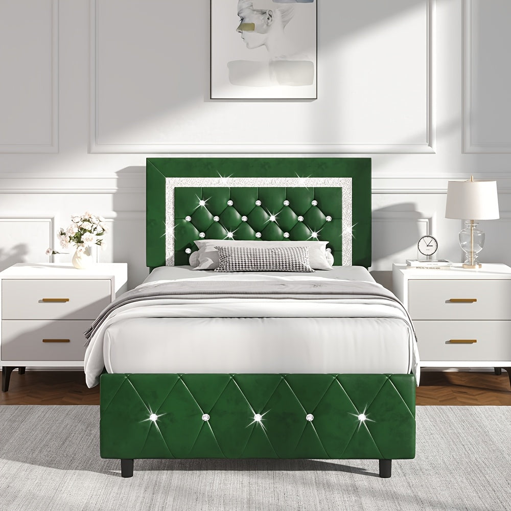 Halloween Twin Full Queen King Upholstered Bed Frame, Diamond Tufted Headboard, Faux Leather Bed Frame With Headboard & Footboard, Wooden Slats Support, No Box Spring Needed, Easy Assembly, Black/White/Pink/Green Christmas