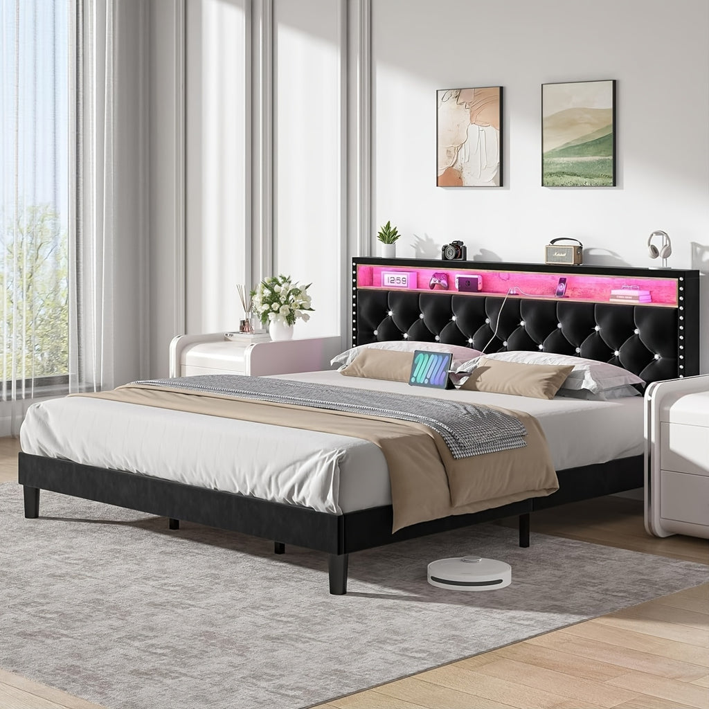 Bed Frame with LED Lights, Velvet Upholstered Platform Bed with Storage Headboard, Charging Station And Diamond Tufted Design - No Box Spring Required - Easy Assembly - Black
