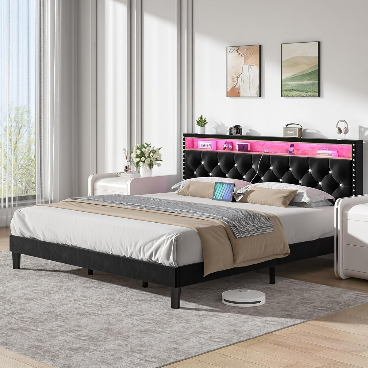 Bed Frame with LED Lights, Velvet Upholstered Platform Bed with Storage Headboard, Charging Station And Diamond Tufted Design - No Box Spring Required - Easy Assembly - Black