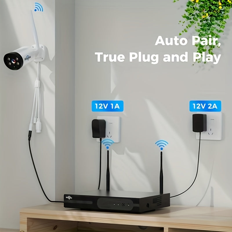 Hiseeu Wireless CCTV System, 4CH 3MP with 4 HD Cameras, 10CH NVR 2.4G 5G Dual Band, Two Way Audio Color Night Vision, Light And Siren Alarm, Ideal for Home Use