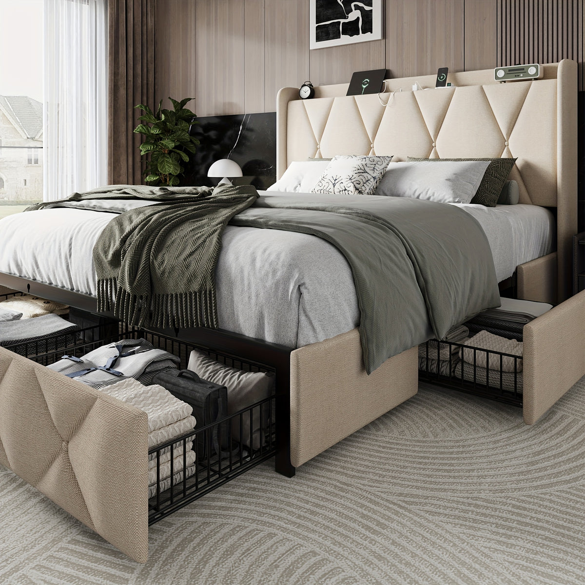 Halence 4 Drawers Storage Bed Frame With Wingback Headboard, Headboard With Built-in Charging Design, Metal And Hardwood Support, Easy Assembly, Suitable For Master Bedroom, Bed Frame Without Mattress