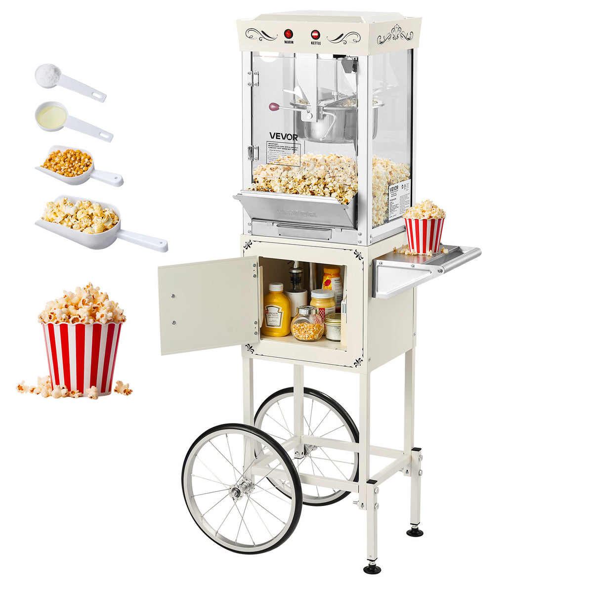 VEVOR Popcorn Machine with Cart Popcorn Popper Maker 800W 8oz Kettle 48 Cups Black/ Red/ White