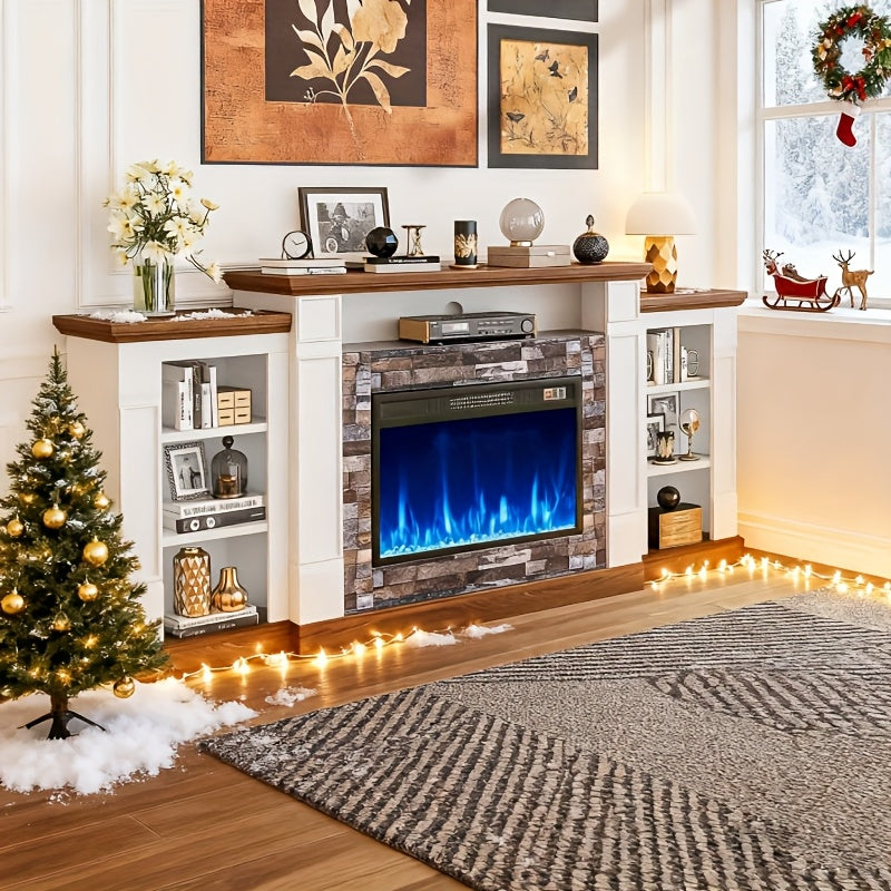 A 70-Inch Television Stand Featuring an Electric Fireplace And Mantel, This Modern Entertainment Unit Provides Open Storage, Remote Control, Adjustable Flames, And LED Lighting, Making It Perfect for Living Rooms And Bedrooms