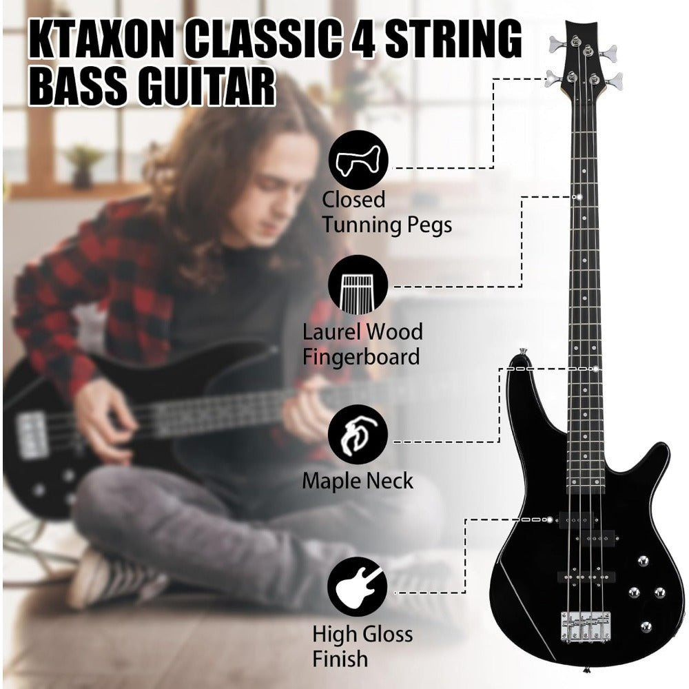 Electric Bass Guitar 4 String Bass Guitar with 20 Watt Amplifier, PJ Type Pickup, Naturally Air-dried Maple Neck, Rosewood Fretboard, Basswood Body