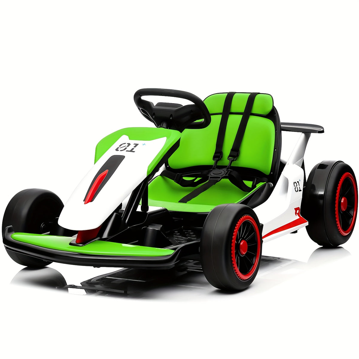 Kids Electric Ride-On Car with 4 PP Foam Tires, 110LBS Max Load, 5-Point Seat Belt, Music Mode & Dual Brake - Exciting Racing Experience for Ages 6+ (Red/Blue)