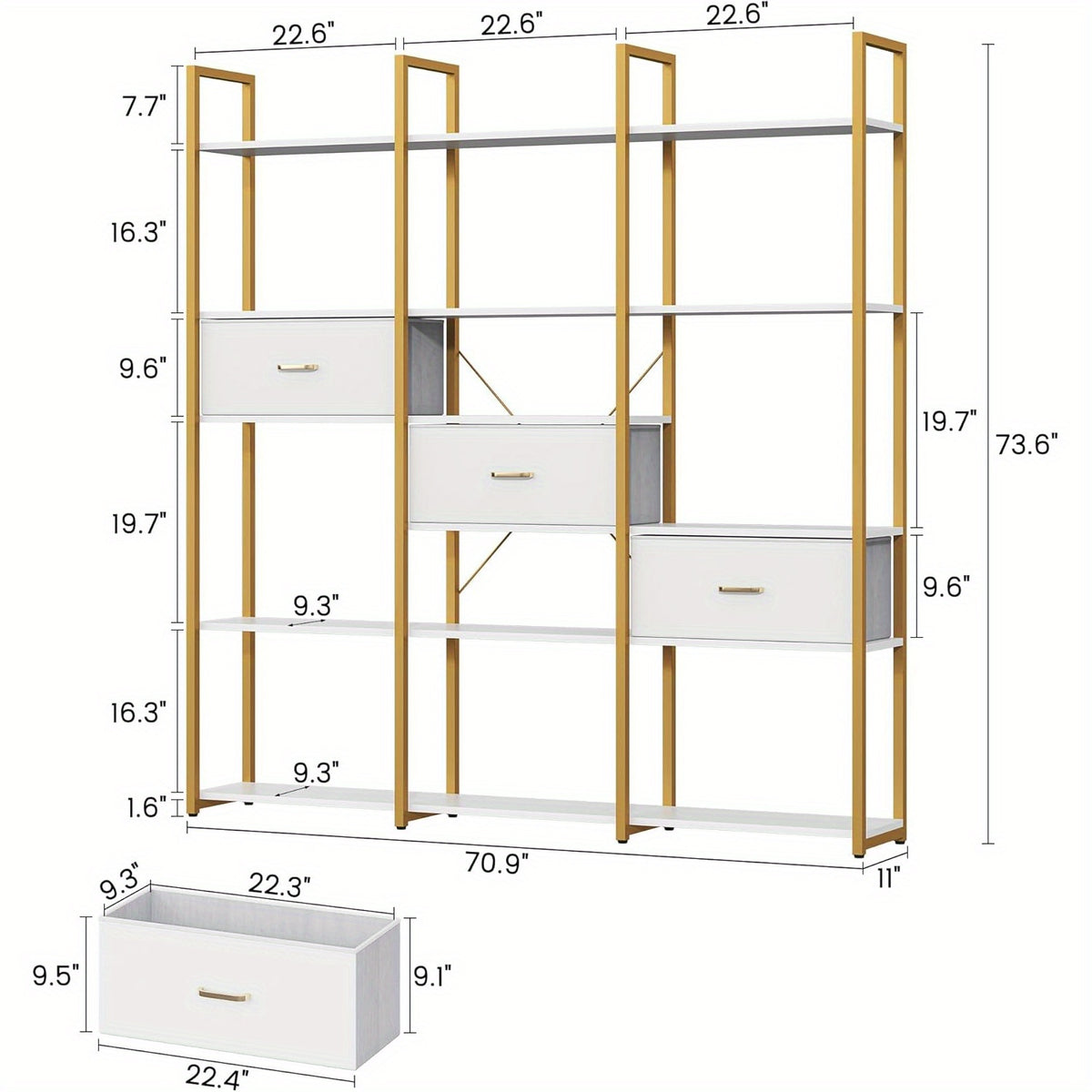 Semoic Triple Wide 6 Tiers Industrial Book Shelf with 3 Drawers and Storage Shelves, 73.6" Tall Bookcase with 16 Open Display Shelves, Large Etagere Bookshelf with Metal Frame for Home& Office, Golden