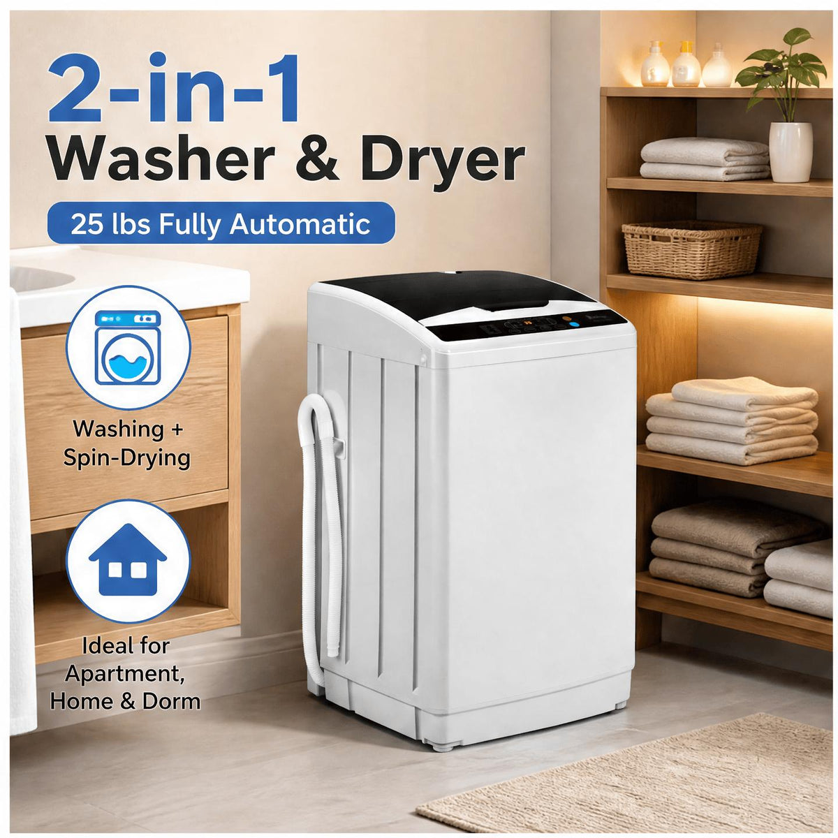 Full Automatic 2 in 1 Top Load Portable Washing Machine and Dryer Combo with Drain Pump 15.6/17.6/17.8/25Lbs Capacity 10 Wash Programs 8 Water Levels Compact Washer Dryer for Apartment RV Camping Small Living Space Travel Outdoor Home Use