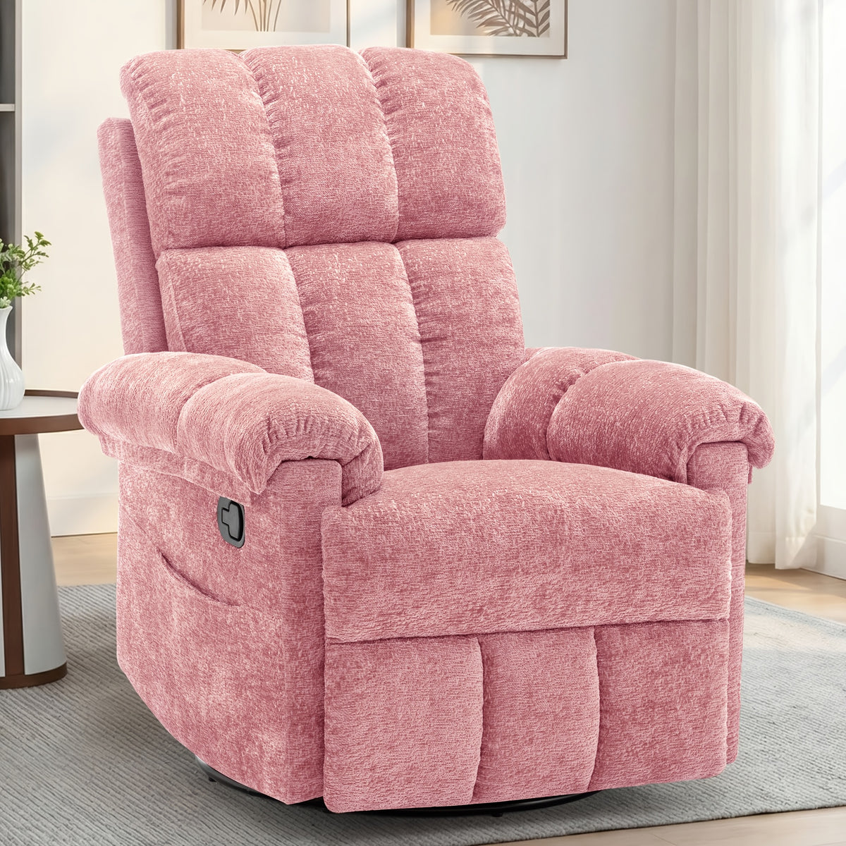 Living Room Single Chair, 360° Swivel Rocking Chair, Manual Rocking Chair for Small Spaces, Rocking Chair with Side Pockets And Armrest Storage, Deep Seat Cushion And Plush Backrest, Chenille Fabric, a Recliner Suitable for The Living Room