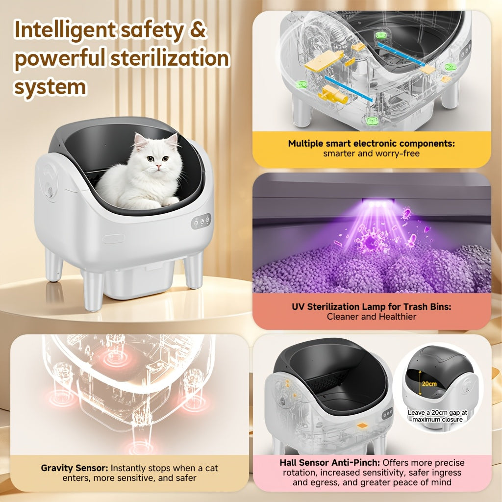 [Self-Cleaning Litter Box] Extra-Large Smart Self-Cleaning Litter Box with Built-In Sterilizing Light for Double Deodorization, Large-Capacity Waste Tray, 14-Day Automatic Cleaning, Open Design, Ideal Choice for Busy Households, Without Battery