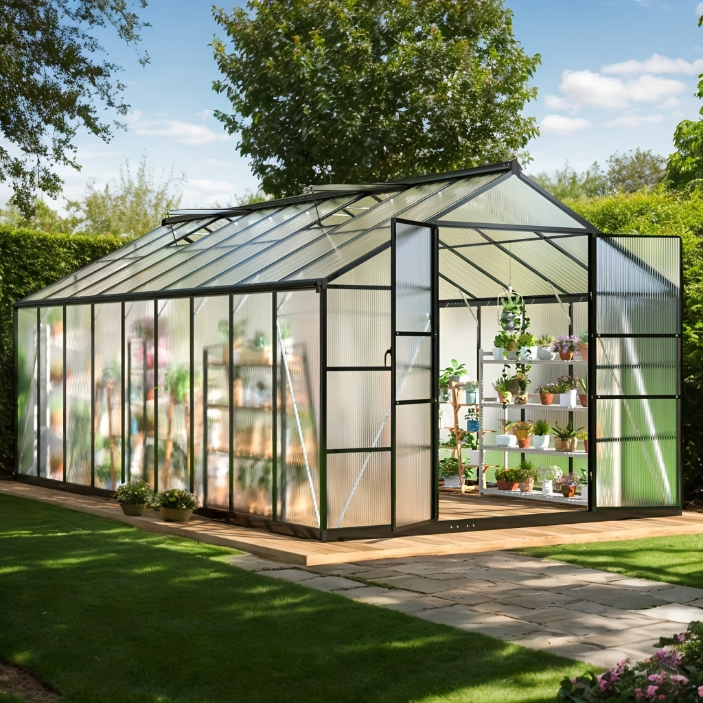 Spacious Outdoor Polycarbonate Garden House - Walk-in Design with Strong Aluminum Frame, Quick Setup, Roof Ventilation, and All-Year Round Protection - Ideal for Backyard Gardening and Greenhouse Use to Help Plants Flourish in Every Season