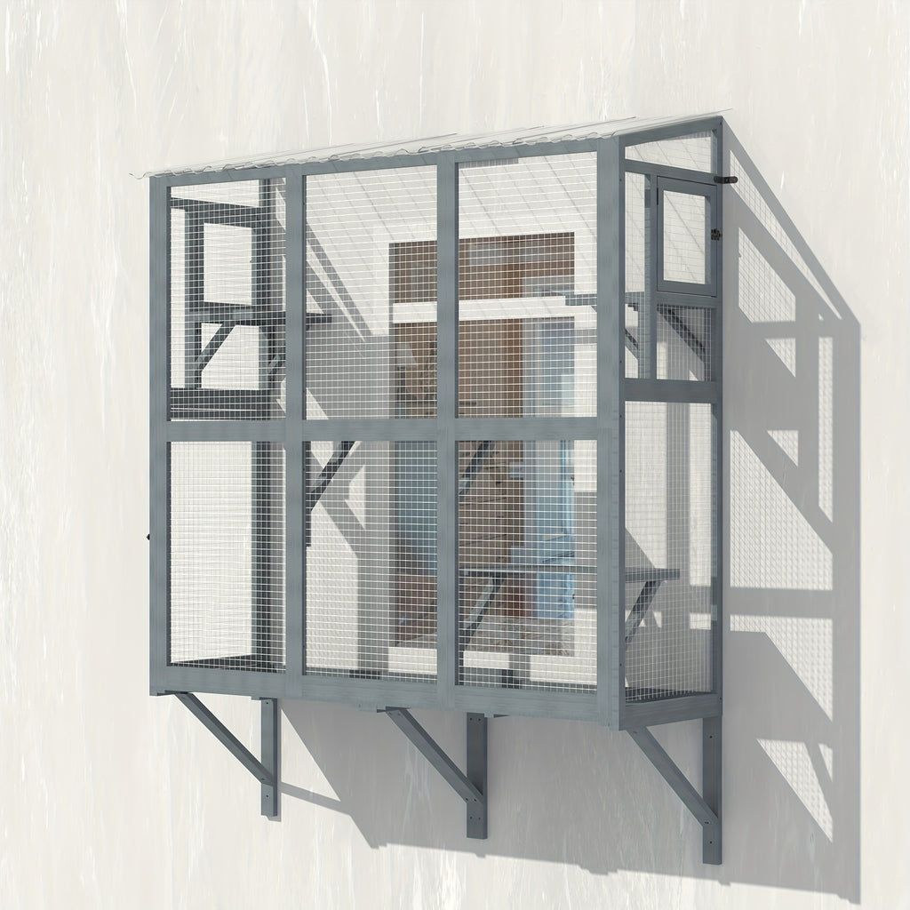 Cat Window Box, Wooden Window Catio for Indoor Cats, Expandable Outdoor Enclosure with 4 Platforms And 3 Doors, Secure Wall-Mounted Perch for Sunbathing, Play And Tunnel Connection, All-Weather Use