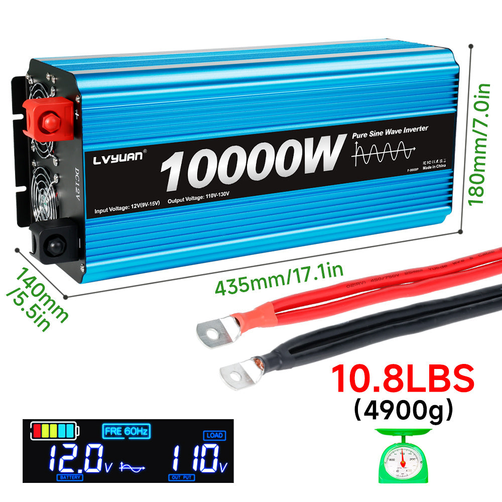 Pure Sine Wave Inverter 10000W (Peak)Car Power Inverter Efficient 12V DC To 110V 120V AC With LCD Display And Remote & Troubleshooting, 4 US Sockets For Vehicles Car Chargers For Home Solar System RV Vans, Without Battery